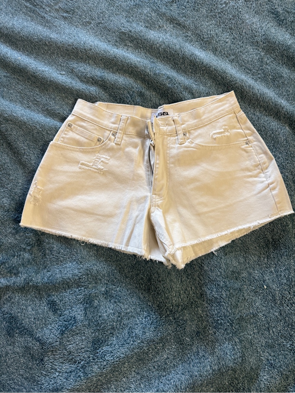 RSQ Cream High-Rise Distressed Denim Shorts